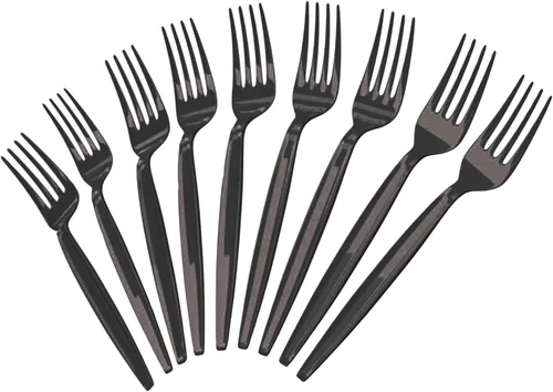 Blue Orchards Black Forks (paquete de 24) – Utensilios negros sólidos resistentes, cubiertos de colores desechables duraderos, cubiertos de plástico