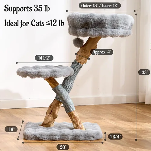 Miniatura 6 de Árbol para gatos de madera natural para gatos adultos de interior, torre de gatos moderna de 33 pulgadas con cama de felpa súper suave y percha