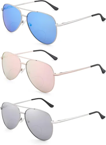 Miniatura 8 de Paquete de 3 Gafas de Lectura Bifocales para Mujeres y Hombres, Gafas Lectoras Bifocales de Aviador, Lentes de Doble Foco +2.0 3 pares: oro + plata