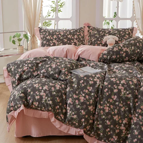 Miniatura 29 de HighBuy Juego de funda de edredón vintage con volantes y estampado de rayas francesas, 100% algodón con cierre de cremallera, juego de ropa de cama