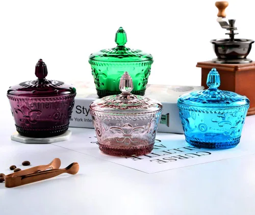 Miniatura 5 de Frasco de vidrio europeo retro nostálgico tridimensional con relieve de color, frasco para caramelos, frasco para condimentos con tapa