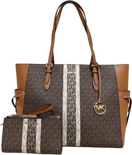 Michael Kors Gilly - Bolso grande con cremallera y cordón color marrón con múltiples rayas juego grande con doble cremallera pulsera para teléfono