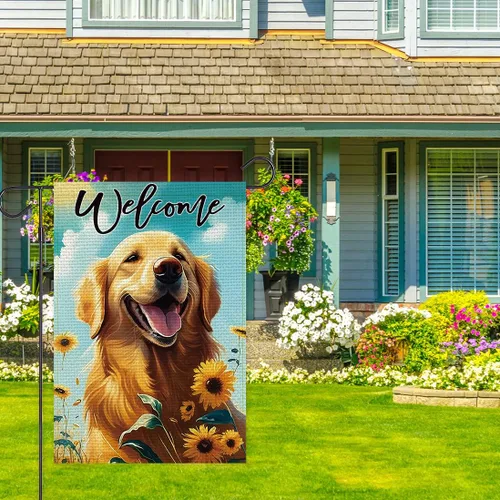 Miniatura 2 de Balgardekor Bandera de jardín de perro de verano Golden Retriever de doble cara de bienvenida para perro, girasol de temporada, decoración floral