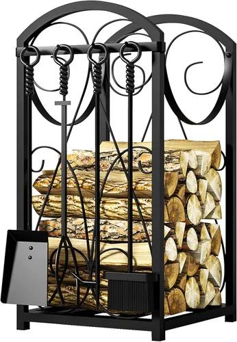 Miniatura 7 de Kingson Estante para leña con soportes de madera para interior, estante de herramientas para chimenea al aire libre, estante de leña, almacenamiento
