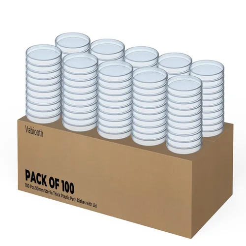 Paquete de 100 platos petri de plástico estériles con tapa, Vabiooth 90 mm Diámetro x 15 mm de profundidad Platos petri transparentes con 3