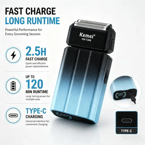 Miniatura 4 de Kemei KM-T396 - Afeitadora eléctrica para hombres con 3 cuchillas flotantes, afeitadora eléctrica inalámbrica recargable de 7500 RPM para hombre