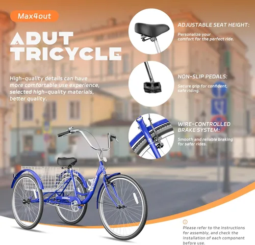 Miniatura 3 de Max4out Triciclo para adultos con cesta grande de 24/26 pulgadas, bicicleta de crucero estable de 3 ruedas para compras, triciclo de playa y ciudad