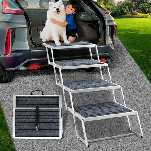 Miniatura 10 de Rampa para perros para automóvil, escalera extra ancha para perros grandes para automóvil, escalones para mascotas de aluminio ligero plegables