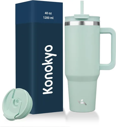 Miniatura 15 de Konokyo - Vaso de 40 onzas con asa y 2 pajillas, botella de agua aislada 2 en 1 con tapa. Taza de viaje de acero inoxidable para café, flores