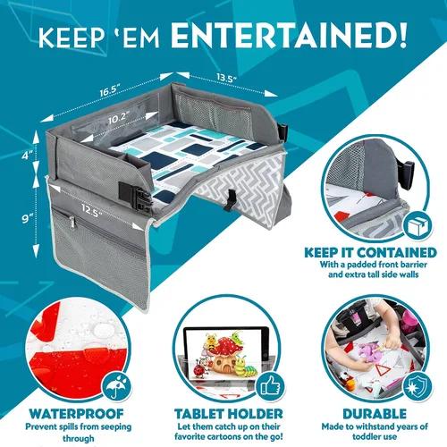 Miniatura 4 de Kenley Kids Bandeja de viaje, bandeja de regazo para asiento de automóvil para niños pequeños, mesa de actividades esenciales para viajes por Azul