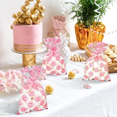 Miniatura 6 de Whaline 100 bolsas de celofán con patrón de sonrisa rosa con cintas, bolsas de golosinas para celofán con sonrisas, bolsas de golosinas