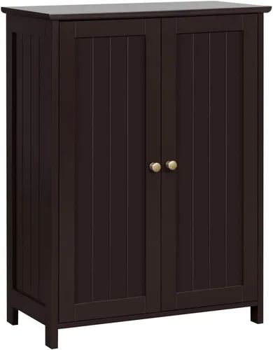 Topeakmart Armario de piso de baño con puertas dobles Armario de almacenamiento independiente con estantes ajustables, diseño anti-caída, espresso