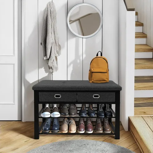Miniatura 4 de Finnhomy - Zapatero de entrada con asiento acolchado, banco de zapatos para entrada, organizador de almacenamiento de zapatos de 3 niveles con 2
