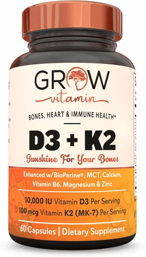 grow vitamin Aceite D3 K2 con MCT - 10,000 UI D3, 100 mcg K2 MK7, calcio, zinc, bioperina, magnesio para una absorción superior - 60 cápsulas