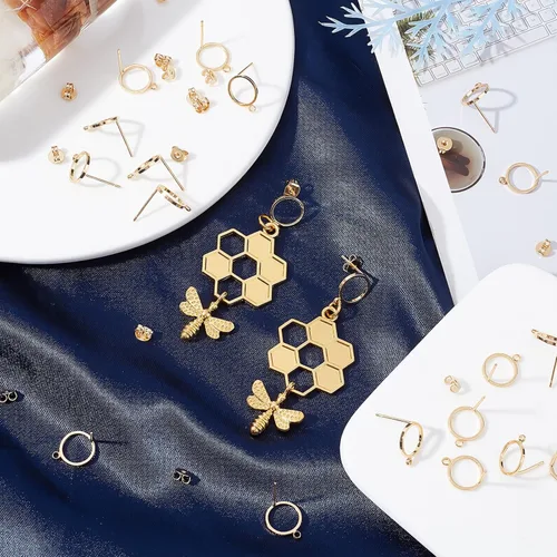 Miniatura 5 de Beebeecraft 1 caja, 20 aretes chapados en oro de 18 quilates con bucle, aretes geométricos de círculo simple con 20 piezas de mariposa para hacer