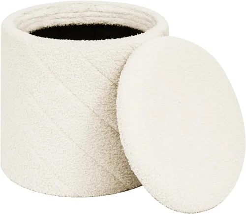 Miniatura 11 de Otomana redonda con almacenamiento, taburete Boucle con tapa de bandeja reversible, mesa de centro otomana plegable para dormitorio, sala de estar