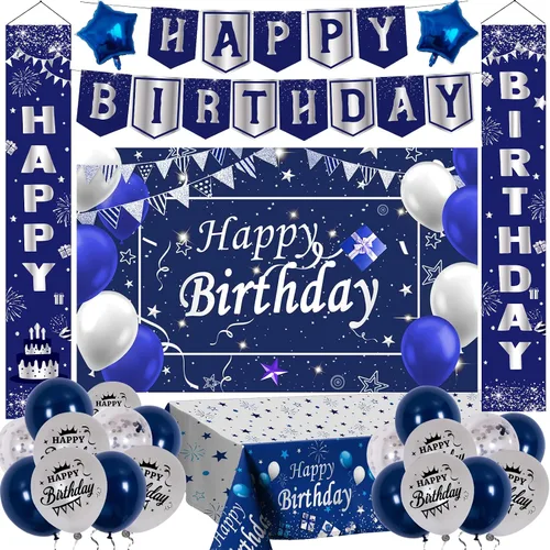 Decoraciones de cumpleaños azules y plateadas, decoraciones de fiesta de cumpleaños para hombres, niños, mujeres y niñas, con pancarta de feliz