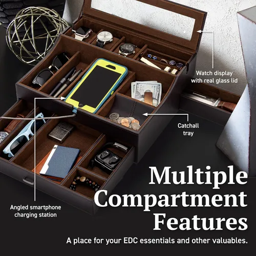 Miniatura 5 de Organizador de caja de valet para hombre, bandeja de valet grande de cuero para hombres, organizador de bandeja de valet para hombre con estación