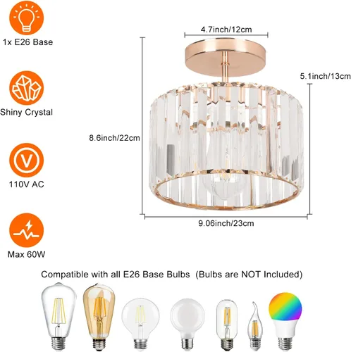 Miniatura 5 de Lámpara de techo de cristal semiempotrada, lámpara de techo de cristal para pasillo, lámpara dorada para entrada, dormitorio, baño, sala de estar