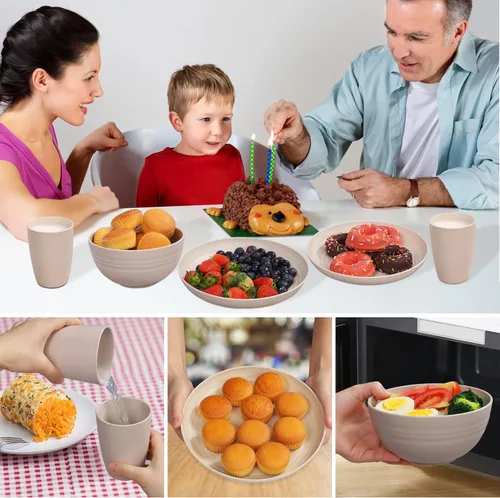 Miniatura 3 de Juego de vajilla de paja de trigo para 4, platos y tazones de paja de trigo, platos de cocina, 28 piezas, artículos esenciales para dormitorio