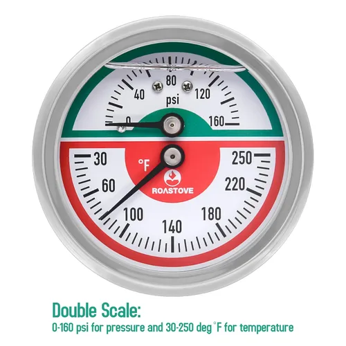 Miniatura 5 de Tridicator, Termo-manómetro, 2-1/2", lleno de aceite de silicona, 0-160psi/30-250 grados F, carcasa de acero inoxidable, 1/4" NPT de montaje trasero