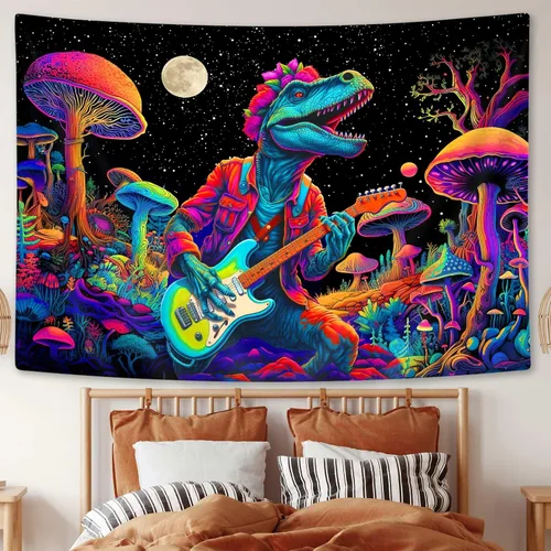 Miniatura 3 de SAOLUIS Tapiz de luz negra de dinosaurio, divertidos tapices de hongos de dinosaurio de neón reactivo a los rayos UV para colgar en la pared, tapiz
