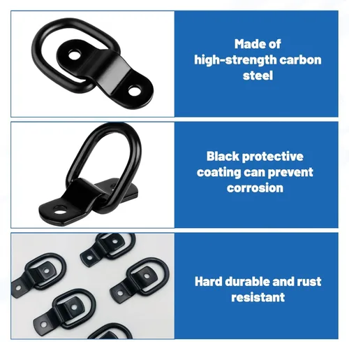 Miniatura 3 de Anclajes de amarre en D, 4 anillos D resistentes, anillos en D negros, ganchos de camioneta, anillo de amarre D de acero inoxidable con tornillos
