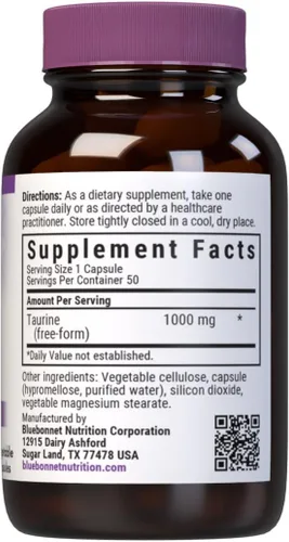 Miniatura 2 de Bluebonnet Nutrición Taurina 1000 mg, Salud del sistema nervioso*, sin OMG, vegano, certificado Kosher, sin gluten, sin soja, 50 cápsulas vegetales
