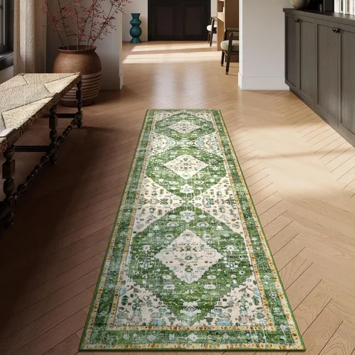 Miniatura 103 de Lahome Alfombra tribal bohemia de 2 x 3 pies, alfombra verde pequeña para entrada, suave, antideslizante, lavable, alfombra de baño bohemia de pelo