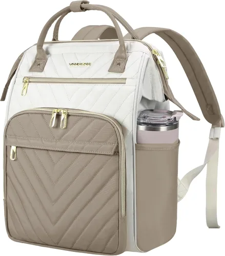 Miniatura 21 de VANKEAN Mochila para portátil de 17 pulgadas para mujeres y hombres, bolsa de trabajo de computadora de moda, Beige-café, 15,6 pulg., Moda