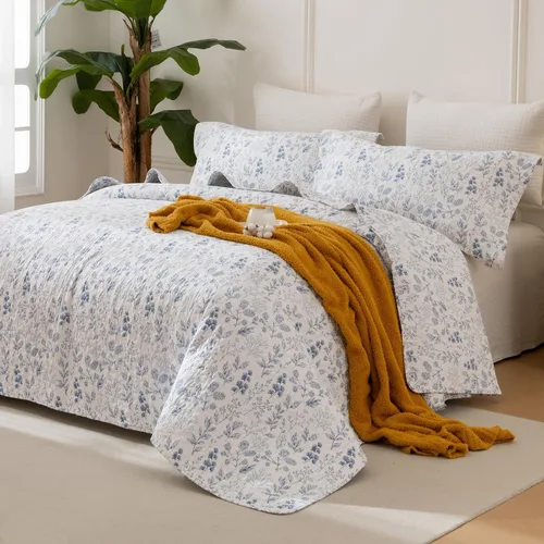 Miniatura 14 de Sanracie Edredón extragrande tamaño King (120"x120"), juego de edredón 100% algodón con estampado floral verde de 3 piezas, edredón suave y ligero