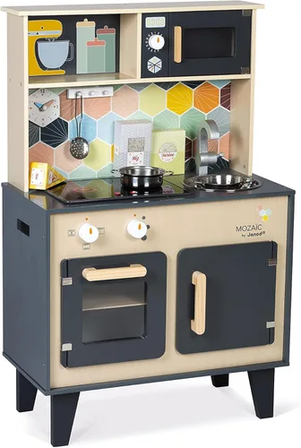 Janod - Juego de cocina de madera multicolor de 34 pulgadas con mosaico retro - Cocina de simulación - Sonido realista y luces - Fomenta el juego