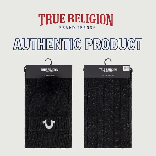 Miniatura 6 de True Religion Conjunto de gorro y bufanda para mujer, gorro de punto con puños de invierno con pompón de cable lúrex y gorro de bufanda