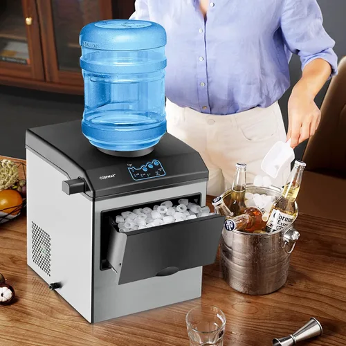 Miniatura 7 de COSTWAY Dispensador de agua integrado para máquina de hielo 2 en 1, 48 libras por día, cubo de hielo de tamaño S/M/L, cesta de almacenamiento