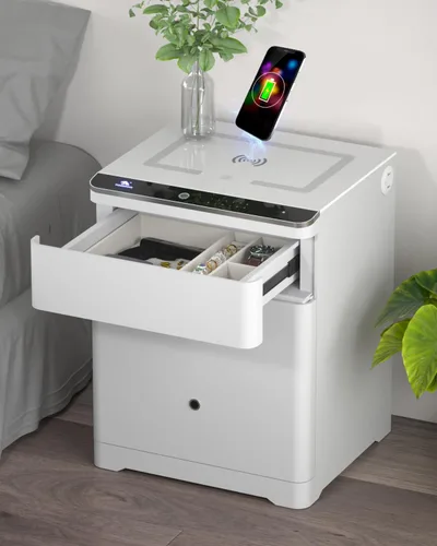 Miniatura 11 de TIGERKING Caja fuerte biométrica 3 en 1, caja fuerte inteligente para el hogar con estación de carga, cajón de armas, iluminación ajustable segura