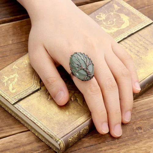 Miniatura 4 de Top Plaza Anillo Ajustable de Banda de Bronce Hecho a Mano Retro Vintage de Alambre de Cobre Envuelto Árbol de la Vida Piedra Preciosa de Cristal