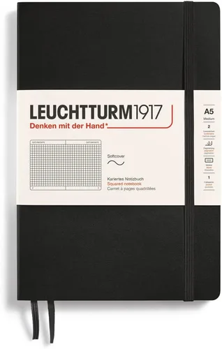LEUCHTTURM1917 - Cuaderno mediano A5 de tapa blanda, 123 páginas numeradas para escribir y llevar un diario (color negro, cuadriculado)