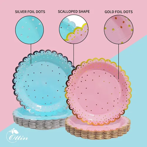 Miniatura 4 de Ottin Juego de 240 platos y servilletas de papel desechables rosa y azul, platos llanos de 9 pulgadas y platos de postre de 7 pulgadas, suministros