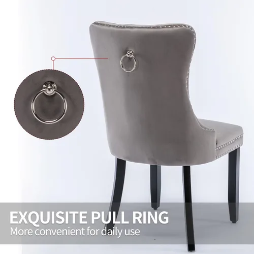 Miniatura 7 de Juego de 4 sillas de cocina modernas de terciopelo gris con anillo trasero, con patas de clavo, patas de madera maciza, tapizadas, sillas de mesa