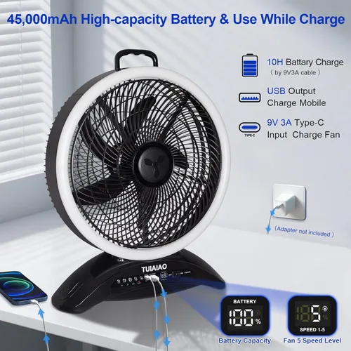 Miniatura 3 de Ventilador de campamento con batería de 45000 mAh con pantalla y LED, ventilador grande recargable de 12 pulgadas, flujo de aire de alta velocidad
