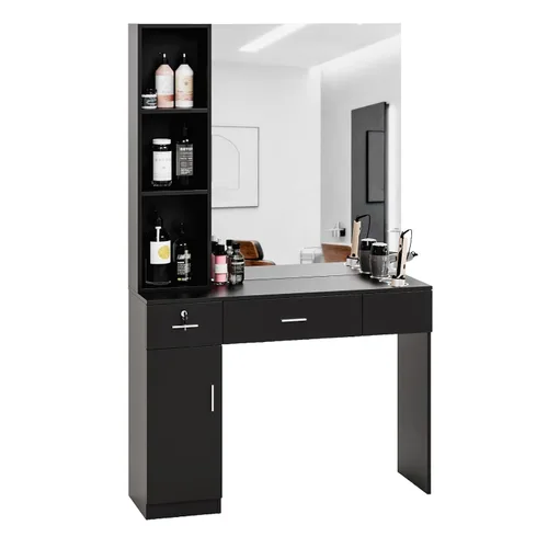 Miniatura 9 de OmySalon Estación de peluquería con espejo, estación de peluquería para estilista, equipo de spa de belleza de montaje en pared con 3 soportes