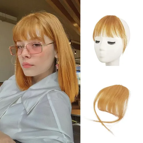 Miniatura 25 de BARSDAR Flequillo postizo de pelo humano real - Flequillo postizo 100% pelo humano para mujeres - Extensiones de flequillo ondulado castaño rojizo