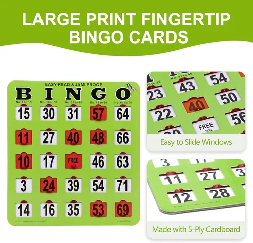 Miniatura 5 de GSE Games & Sports Expert Green Jumbo Tarjetas de bingo fáciles de leer a granel, tarjetas de bingo reutilizables a prueba de atascos con ventanas