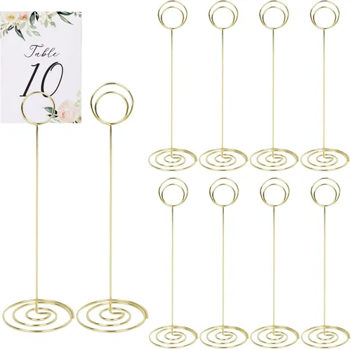 KIMOBER 10 soportes para números de mesa de 8.75 pulgadas de alto, soporte para tarjetas de lugar redondo, soporte de notas de mesa, clips de