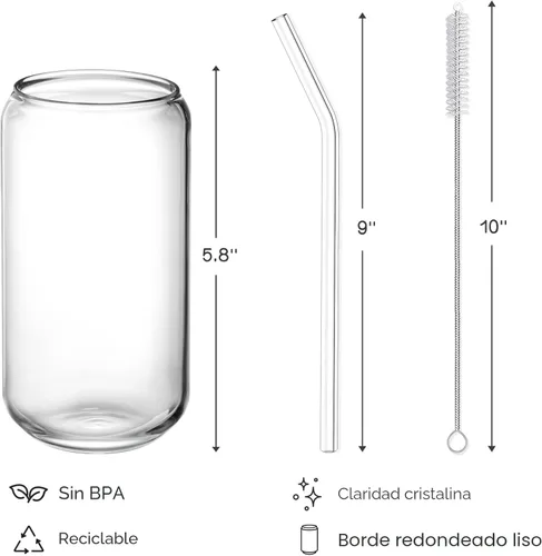 Miniatura 7 de NETANY Juego de 4 vasos para beber con popote de vidrio, vasos de vidrio Highball de 16 onzas, vasos de cerveza, vasos de café helado, lindo vaso