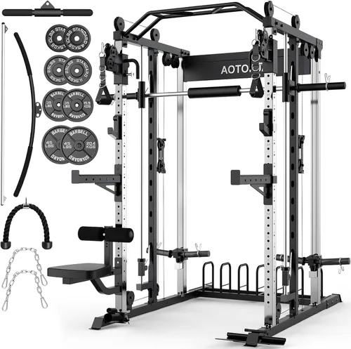 Smith - Estante para sentadillas de entrenamiento de fuerza con barra Smith, jaula de potencia con sistemas de extracción LAT, máquina cruzada de