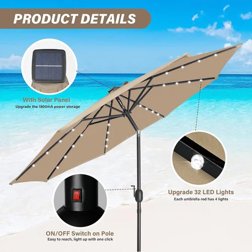 Miniatura 4 de YSSOA Sombrilla solar de 9 pies con 32 luces LED para patio, sombrilla de mesa con botón de inclinación/manivela al aire libre para jardín, terraza