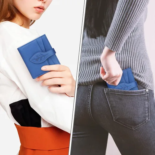 Miniatura 7 de CONISY Cartera pequeña para mujer, con bloqueo RFID, de piel, plegable, con bolsillo frontal, con cremallera (azul)