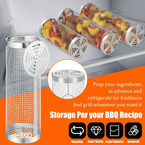 Miniatura 4 de Juego de barbacoa de 10 piezas: 2 cestas de parrilla enrollables para voltear sin esfuerzo, acero inoxidable 304 para una fácil limpieza, salchichas