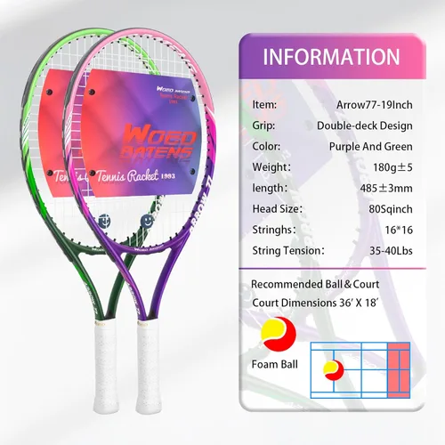 Miniatura 5 de Raqueta de tenis para niños de 19 pulgadas, 23 pulgadas, 25 pulgadas, raqueta de tenis para jóvenes/jóvenes, con bolsa de transporte, overgrips y 23